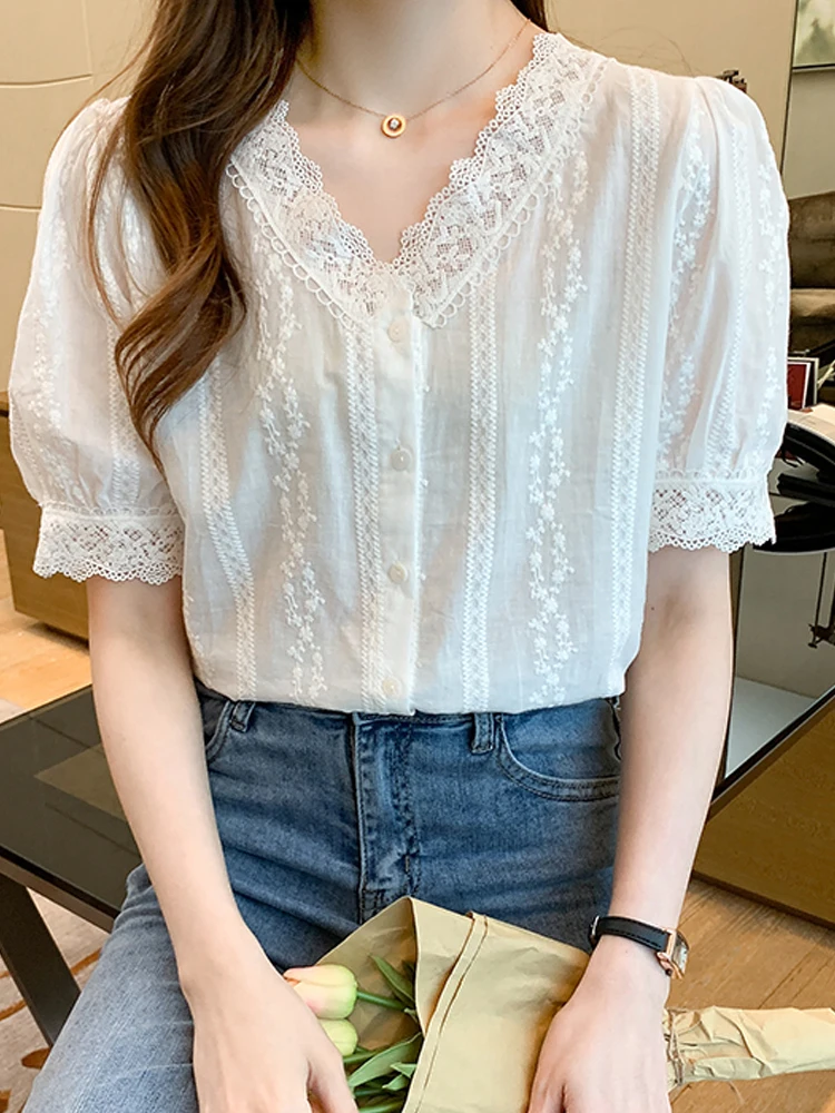 Summer Short Sleeve White Blouse Women Lace V-Neck Blouse Shirt Blusas Mujer De Moda 2024 Verano Women Tops Blouses Shirts F452