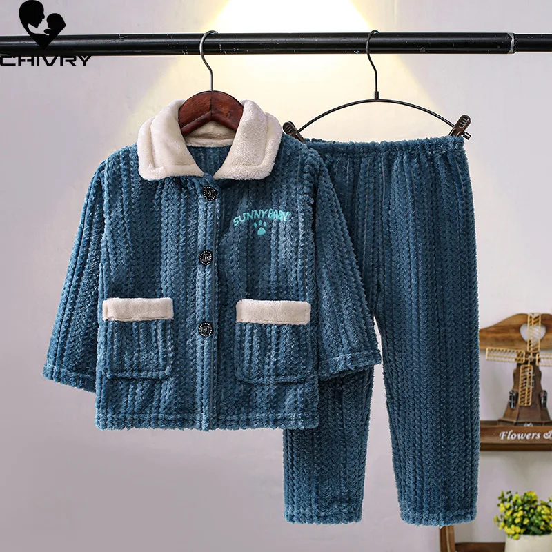 New Kids Autumn Winter Flannel Pajama Sets Cartoon Long Sleeve Lapel Tops with Pants Baby Boys Girls Sleepwear Pyjamas Sets