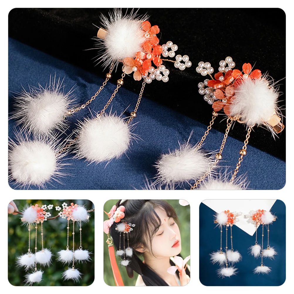 

Furry Hanfu Tassel Hairpin Ball Clips Traditional Chinese Accessories Girls Hair Decorations Elegant Retro Style