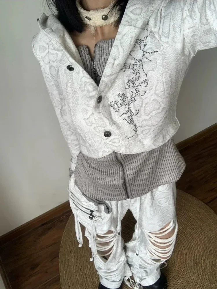 Spring Autumn Patchwork Jacket Zip Sweatshirt Women's Vintage Knitted Hooded Sweatshirt Jacket Y2K Spice Girls Slim Short Top