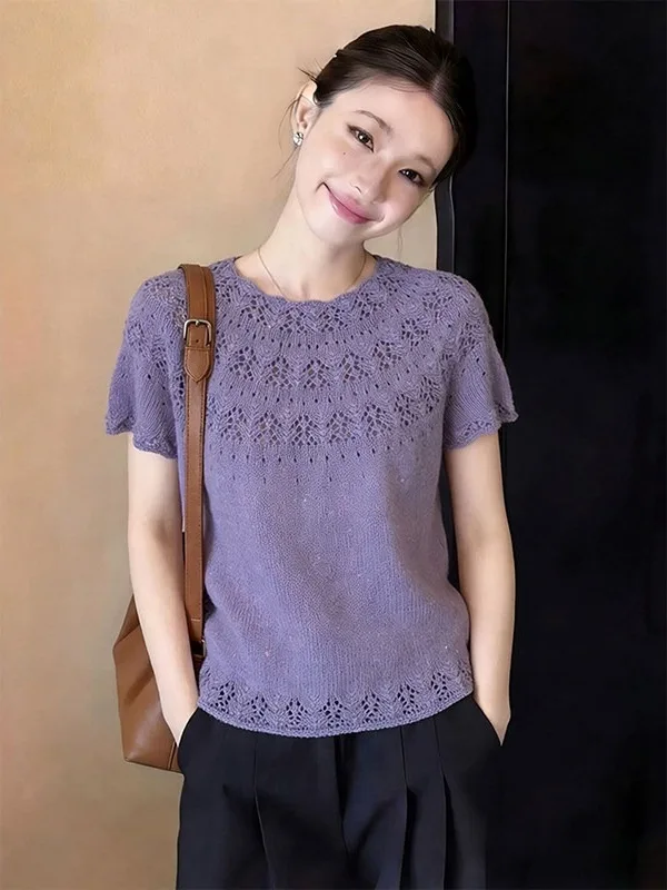 

Ladies' Purple Short Sleeve Knitted Shirt Elegant Unique White Enhancing Summer New Arrival Women's Premium Feeling Top