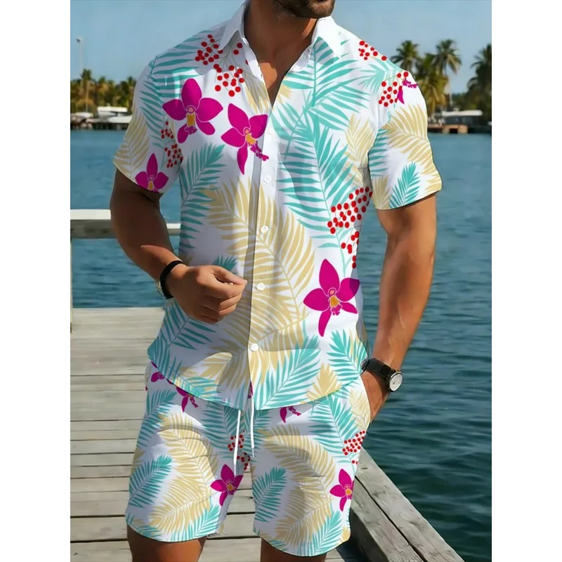 Conjunto de Camisa de Manga Corta y Pantalones Largos con Estampado Floral Tropical para Hombre, Traje Ligero de Poliéster para la Playa, para Fiestas al Aire Libre y Vacaciones