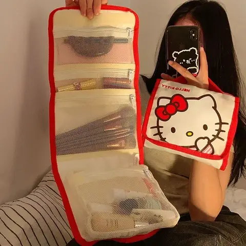 Kawaii sanrio saco olá kitty kuromi grande capacidade dobrável saco de maquiagem dos desenhos animados bonito viagem portátil cosméticos escova saco de armazenamento