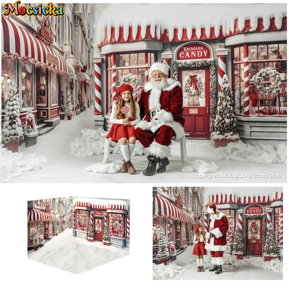 Winter Christmas Gift Candy Store Photocall Backdrop Santa Claus XMAS Tree Wreath Kids Background Boys Girls Photography Banner