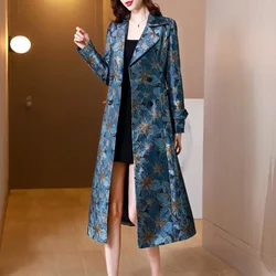 Fall Spring Women Double Breasted Dobby Floral Long Trench Coat , Autumn Woman Clothes 4xl Slim Elegant Outerwear Duster Coats