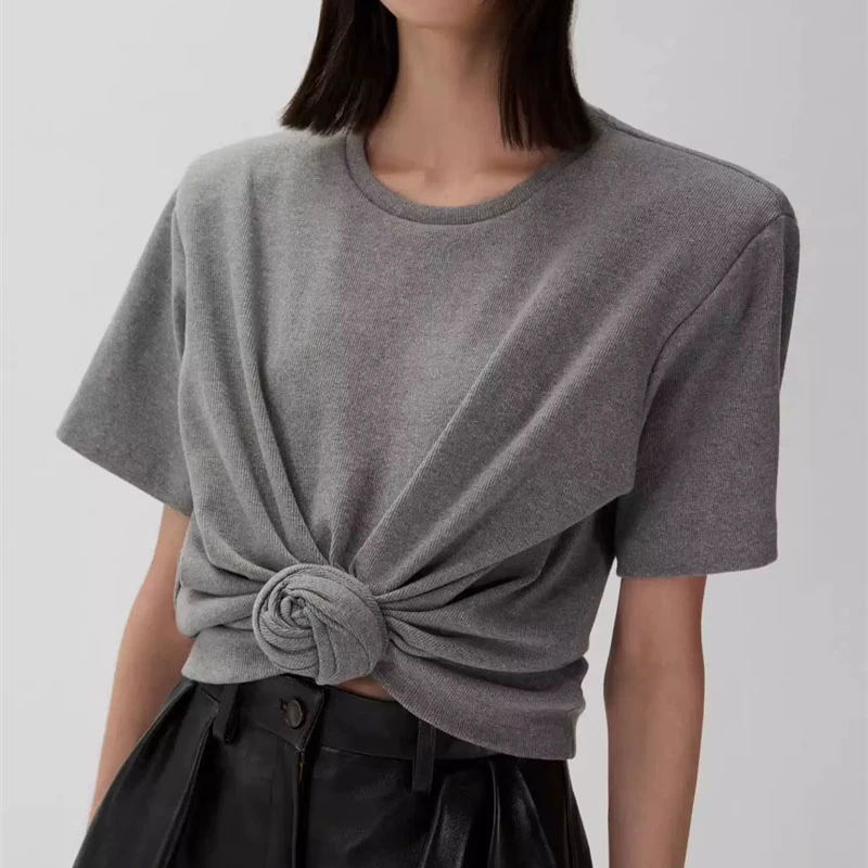 High-Quality Summer New Grey Folded 3D Flower Short Sleeve Top Y2K round Neck Elastic Knot Overhead Base Shirt Trendy