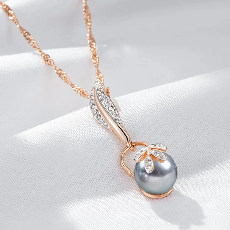 Wbmqda Grauer Perlenanhänger und Halskette für Frauen, 585er Roségold, luxuriöser Hochzeits-Zirkon-Schmuck, Geschenke