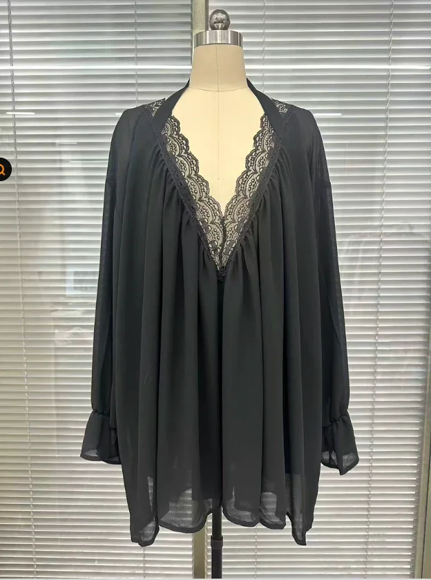 Women Deep V Neck Lace Trim Mini Dress Halter Tie Flare Long Sleeve Loose Sheer Chiffon Flowy Beach Boho Short Cover Up Dress