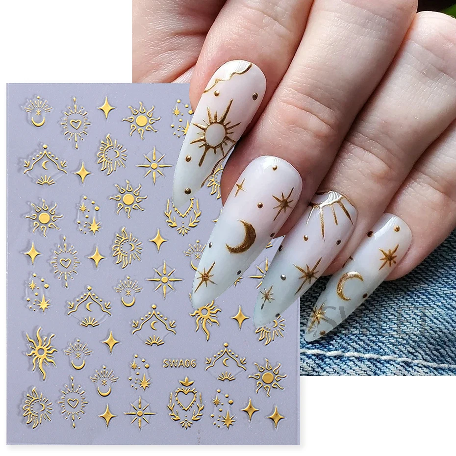 Bronzing Gold Sun Moon Star Nail Manicure Stickers Laser Metal Silver Eye Heart Totem Adhesive Decals Manicure Y2K Foils Sliders