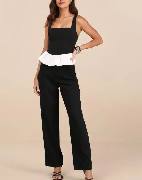 

2025 Unique Fashionable and Elegant Slim Fit Square Neck Contrasting Splicing Sleeveless Vest, Summer New Women's Pleated Vest