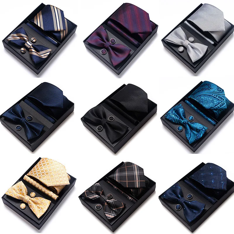 Men's 8Cm Business Real Estate Stripe Wedding Suit Accessories Tie Square Scarf Cufflinks Gift Box Set