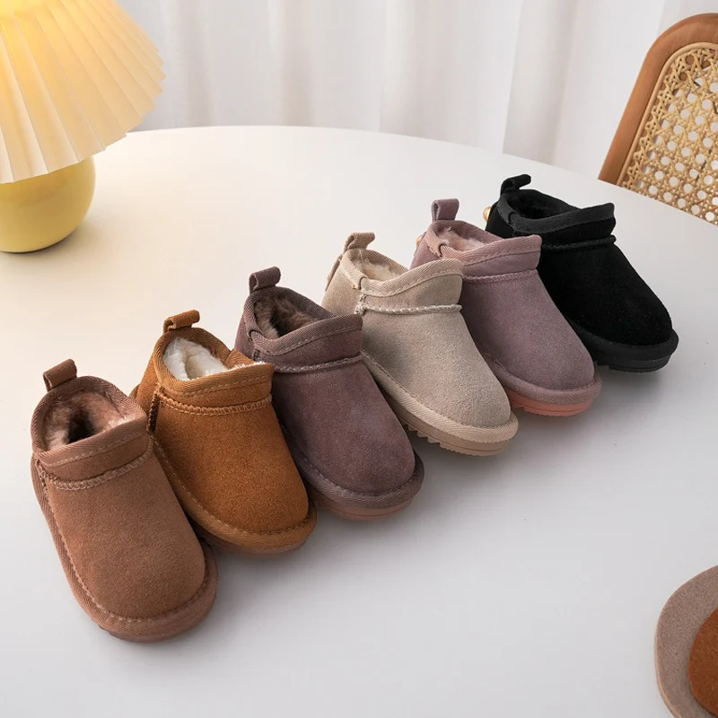 Bottes de neige en cuir de vachette véritable pour enfants, chaussures en coton doux et chaud pour bébé avec peluche, bottes en daim à une fourrure, botte de princesse rétro pour garçons et filles, hiver