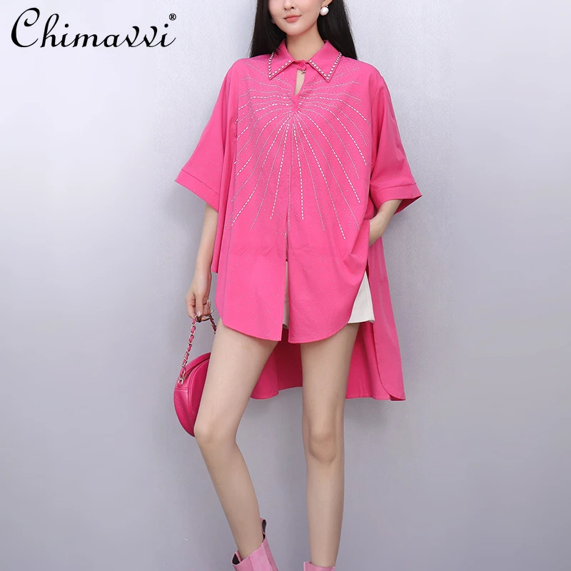 

2025 Summer New Fashion Blouse Loose Large Size Hot Diamond Long Shirt High Street Temperament Casual Women's Shirt Top