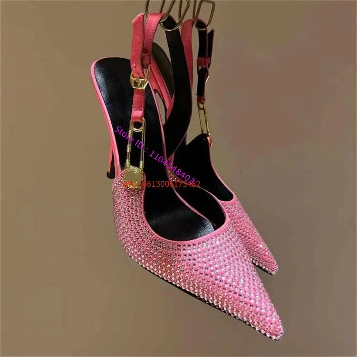 Sexy Pointed Toe Slingabck Rhinestone Sandals Lady Leather Luxury Dress Stiletto High Heel Pumps Women Shoes Metal Buckle