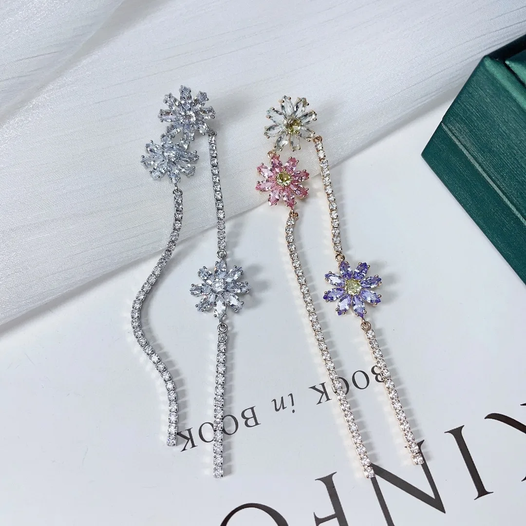 مجموعات مجوهرات بتصميم زهرة الأقحوان الوردي الأرجواني الزركون المختنق القلائد شرابة طويلة قلادة الأقراط للنساء #2