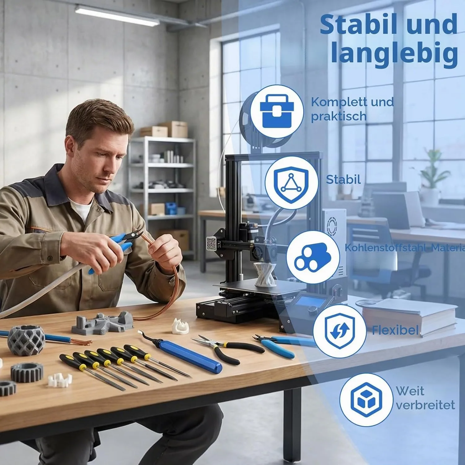 Entgratungswerkzeug für 3D-Drucker 360 ° Rotierender Handentgrater mit 10 Ersatzklingen, 5 Nadelfeilen, 2 Zangen, Druckerzubehör – Detail 5