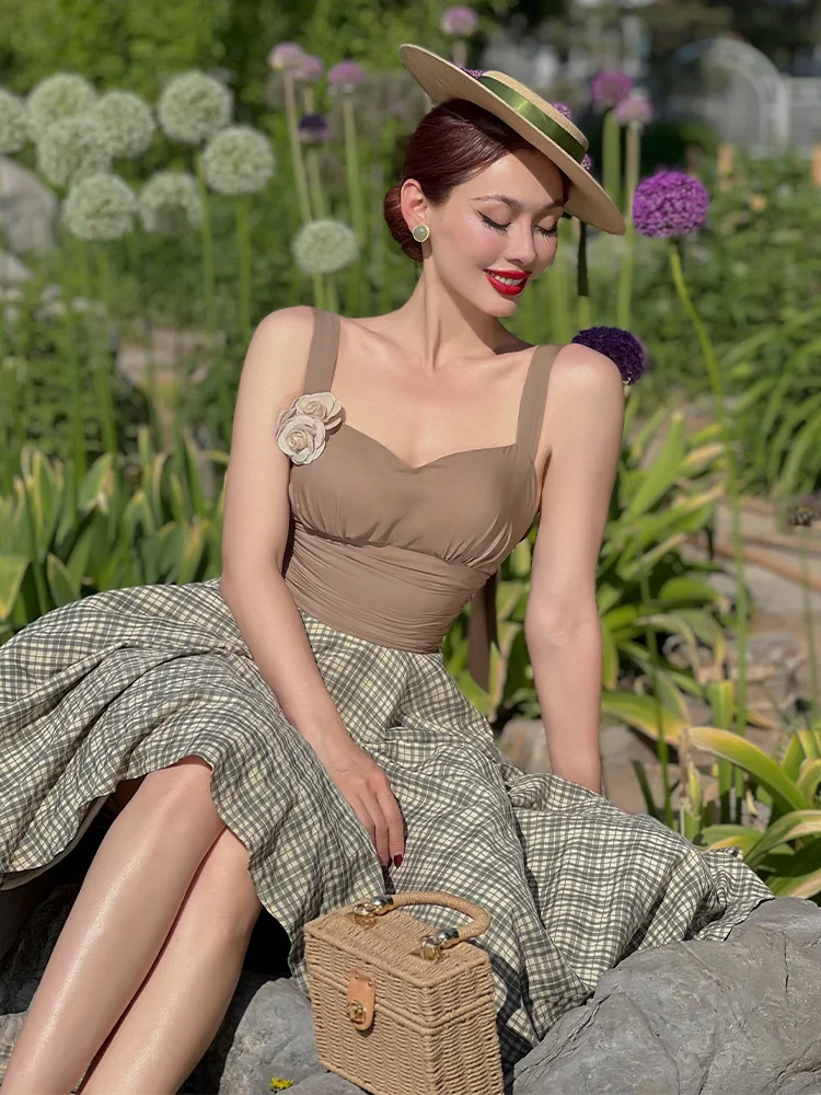 

Le Palais Vintage Original Romantic Countryside Rustic Cheered Color Blo Sle Long Skirt High Waist Bell Bot Dr