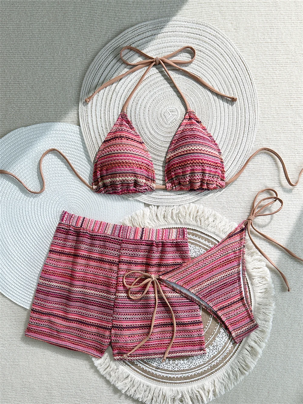 Sexy Gradient Striped Bikini Shorts Boho Y2k String Swimsuit Women Backless Swimwear Hollow Vacation Outfit Crochet Bikinis Sets