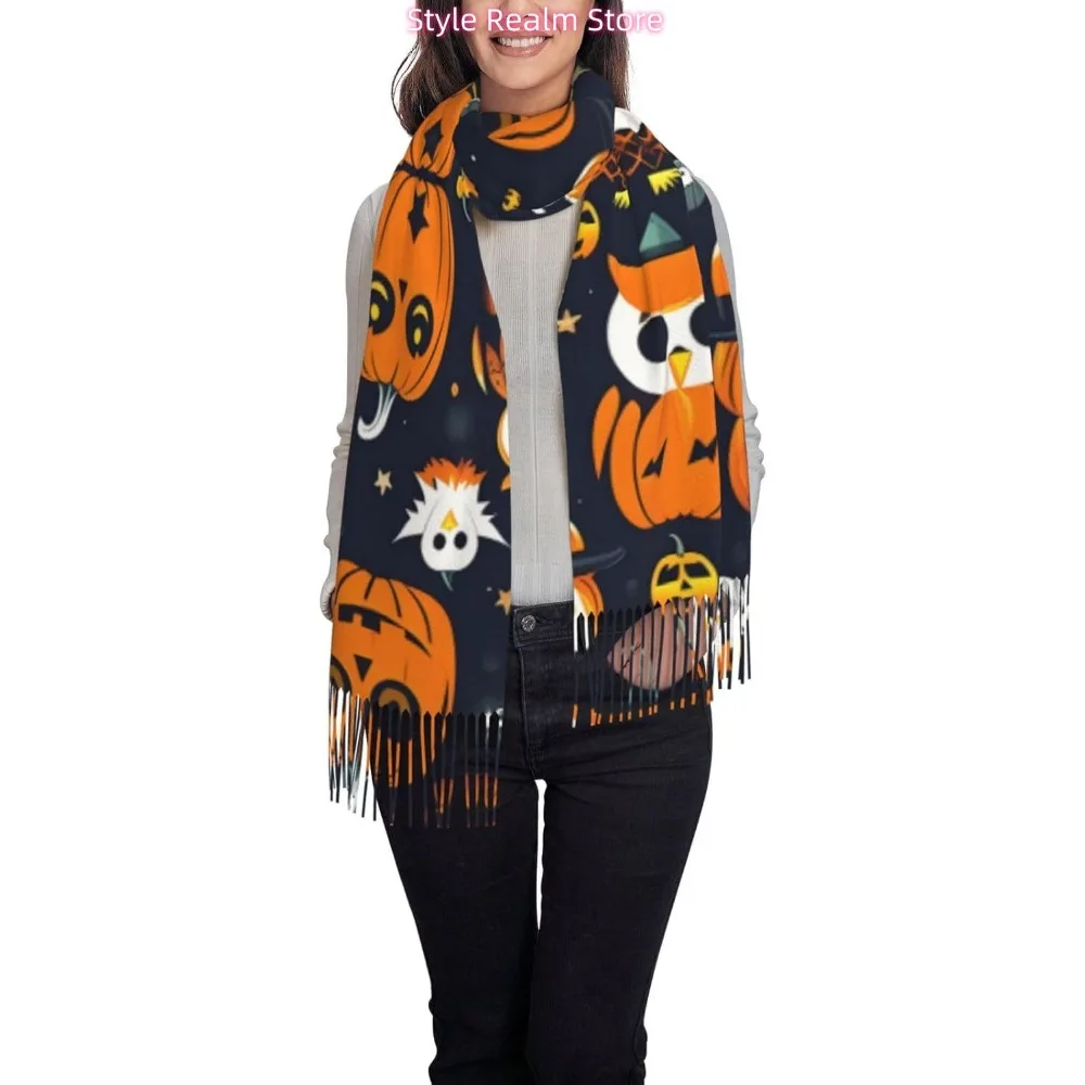 Halloween Owl Ghost Pumpkin Print Polyester Scarf Breathable Fashion Accessory For Travel And Everyday Wear