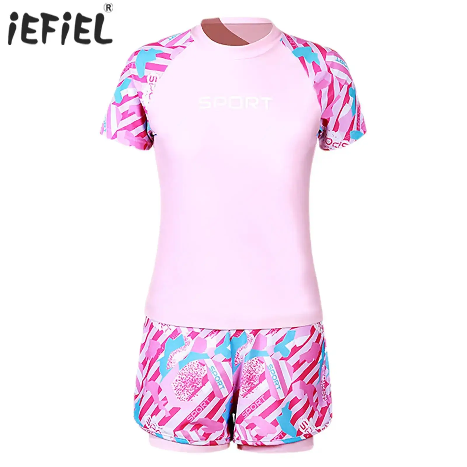 

Kids Girls Two-Piece Swimsuit Striped Training Swimwear Sets Short Sleeve T-shirt with Drawstring Waistband Double-Layer Shorts