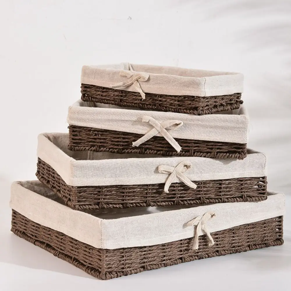 Rectangular Handmade Rattan Storage Baskets Bow French Style Weaving Storage Tray Bohemian Style Reusable Sundries Organizer