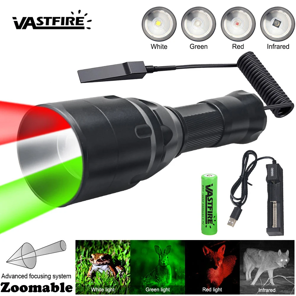 

Professional Zoomable LED Hunting Flashlight Tactical 1-Mode Torch White/Red/Green/IR 850nm Interchangeable Lamp Holder Lantern