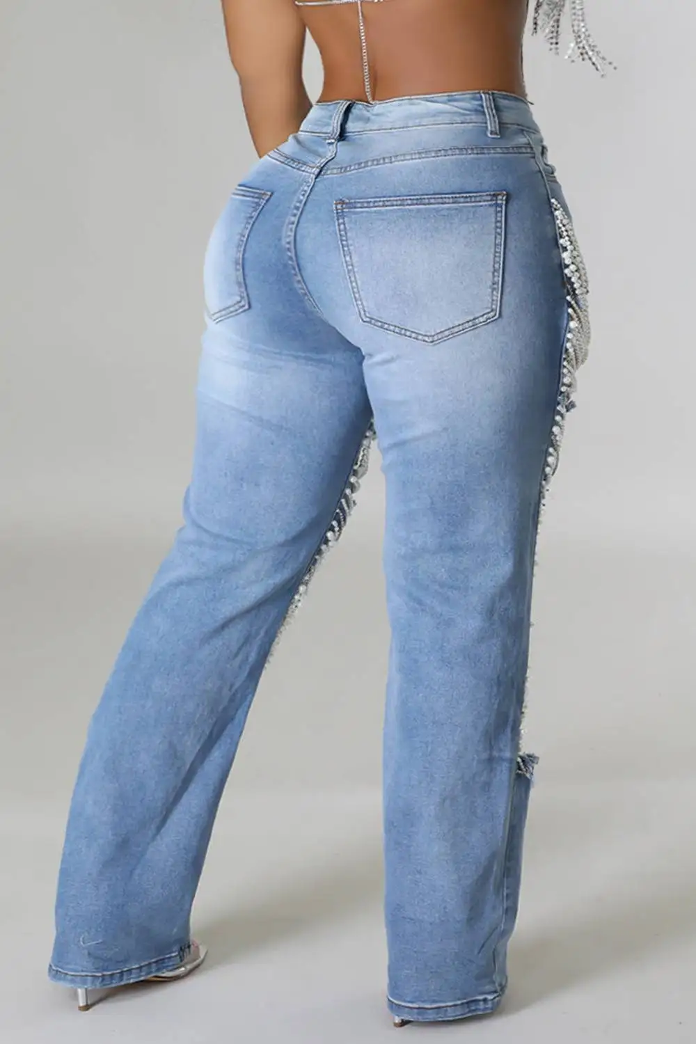 Plus Size Women Holes Pearls Jeans Casual Blue Long Fall Winter Pearls Denim Jeans High Waist Y2K High Street Denim Pants