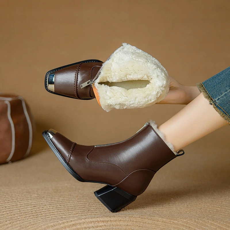 

NEW Winter Women Boots Square Toe Chunky Heel Shoes Split Leather Shoes for Women Zip Ankle Boots Warm Wool Metal Modern Boots