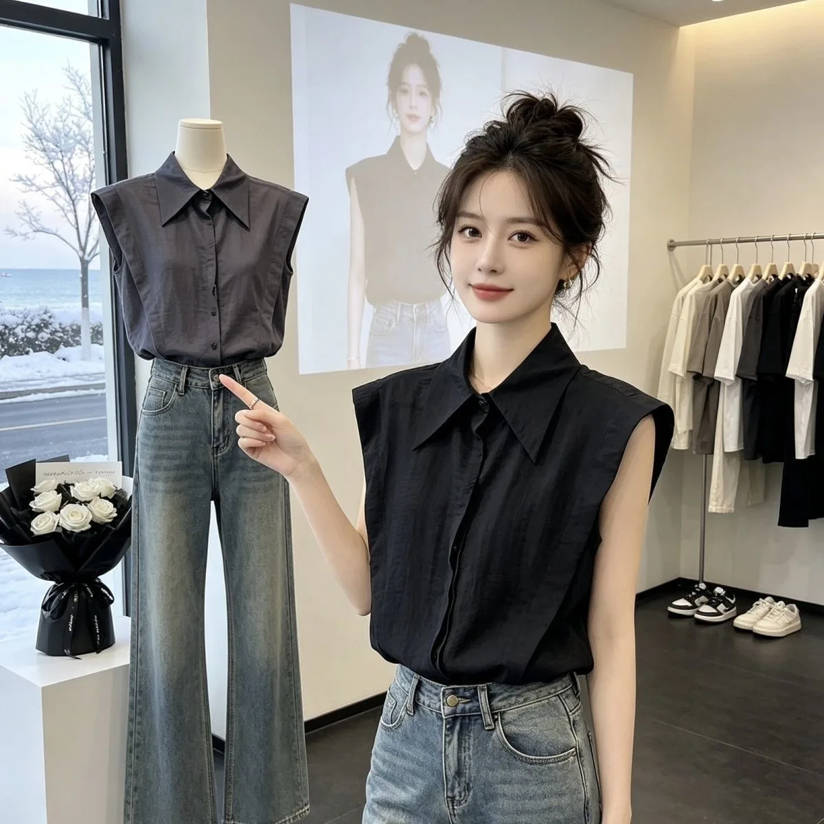 European Style Pure Color Sleeveless Shirt Summer New Loose Slimming Breathable Lightweight Small Top Women's Shirt