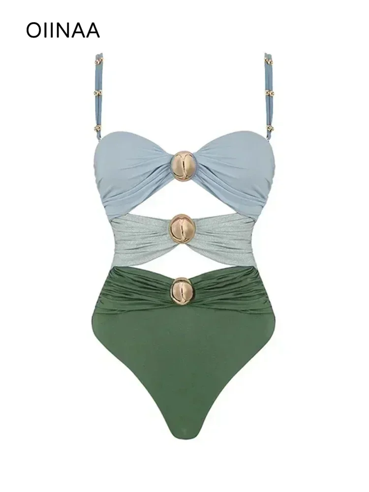 

OIINAA One Piece Swimsuit Women Block Color Bodysuit Swimwear Patchwork Bikini Set Beachwear 2025 Hollow Out Sexy Bathing Suit