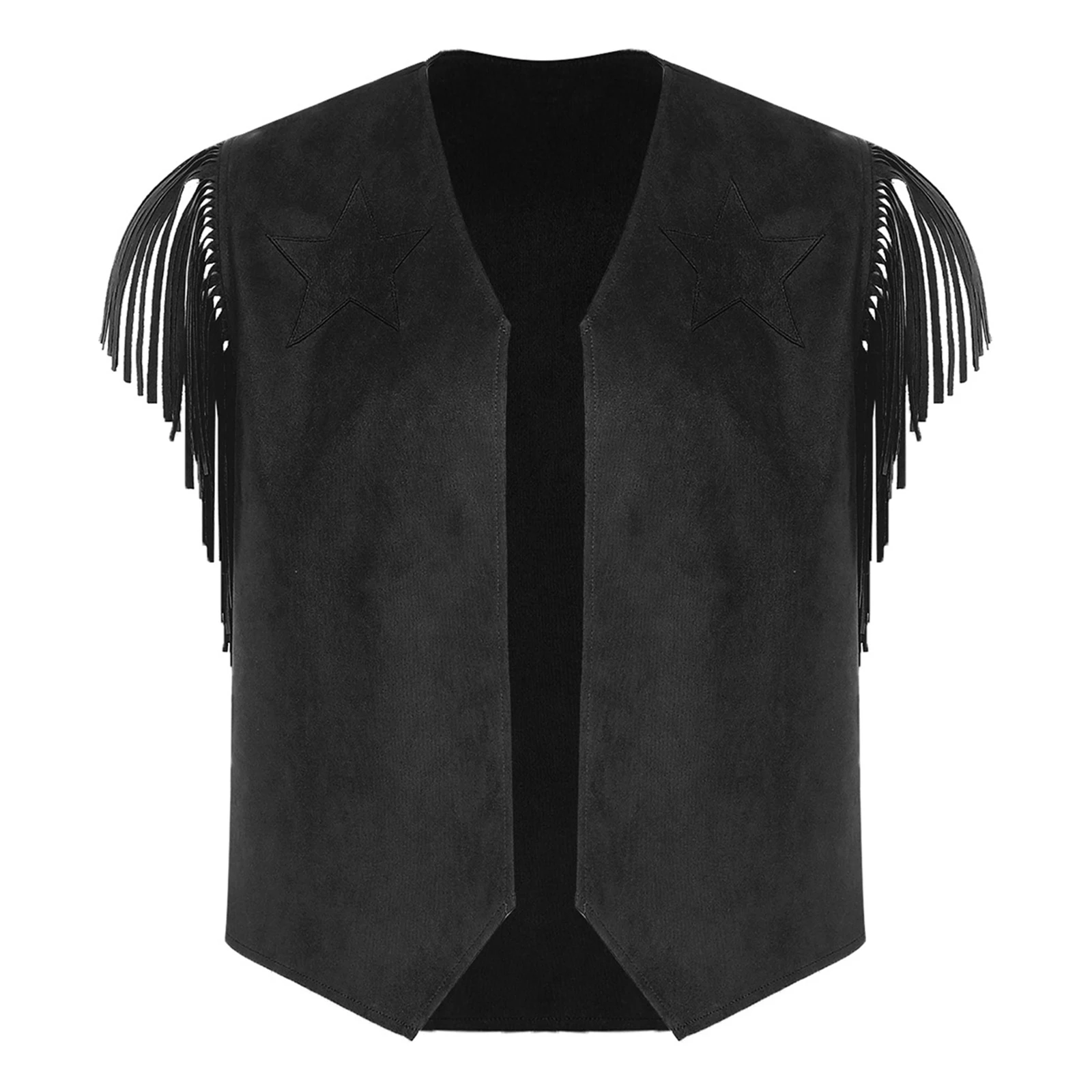 

Men Western Cowboy Cosplay Tassel Vests Halloween Vintage Sleeveless Asymmetrical Hem Tassel Faux Suede Vest for Cowboy Hippies