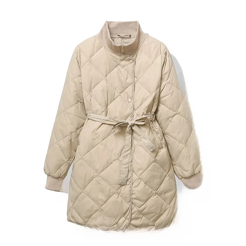 

White Du down Stand Collar Puffer Jaet Women's Winter New Loose Mid-Length Waist-Cinching Diamond Pattern Outerwear