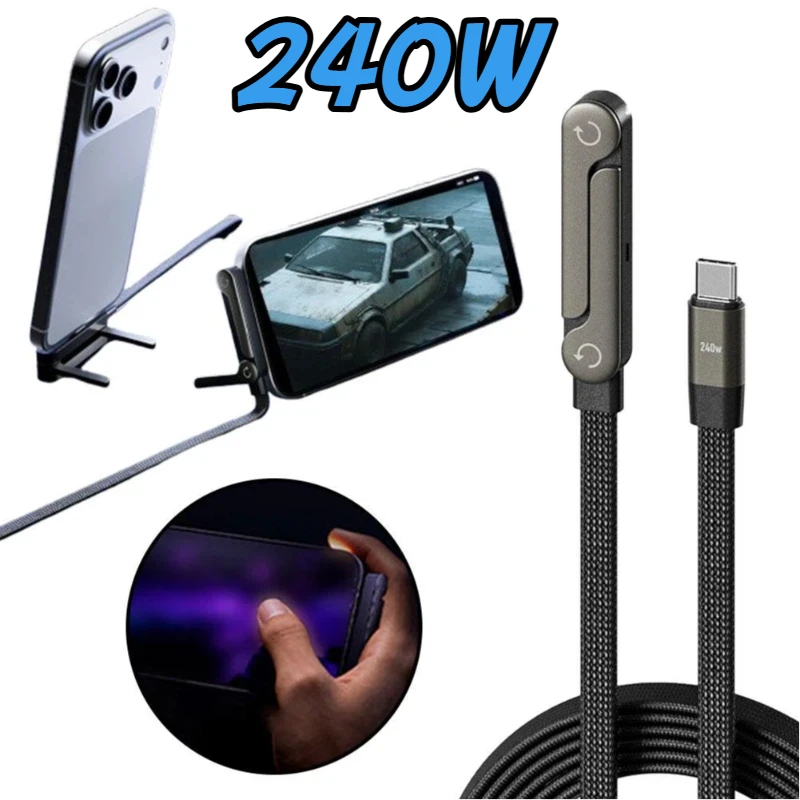 2-in-1 240 W Schnellladung, faltbarer Telefonhalter, Datenkabel, Schnellladekabel, Telefon, Tablet, faltbarer Halter Typ C auf C