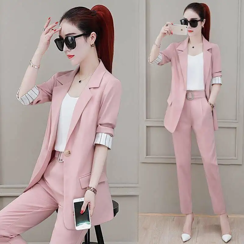 Two Piece Set Pants for Women Professional Trouser Suit Blazer and Womens 2 Pant Sets Top Outfit Wear To Work Office Pink Classy