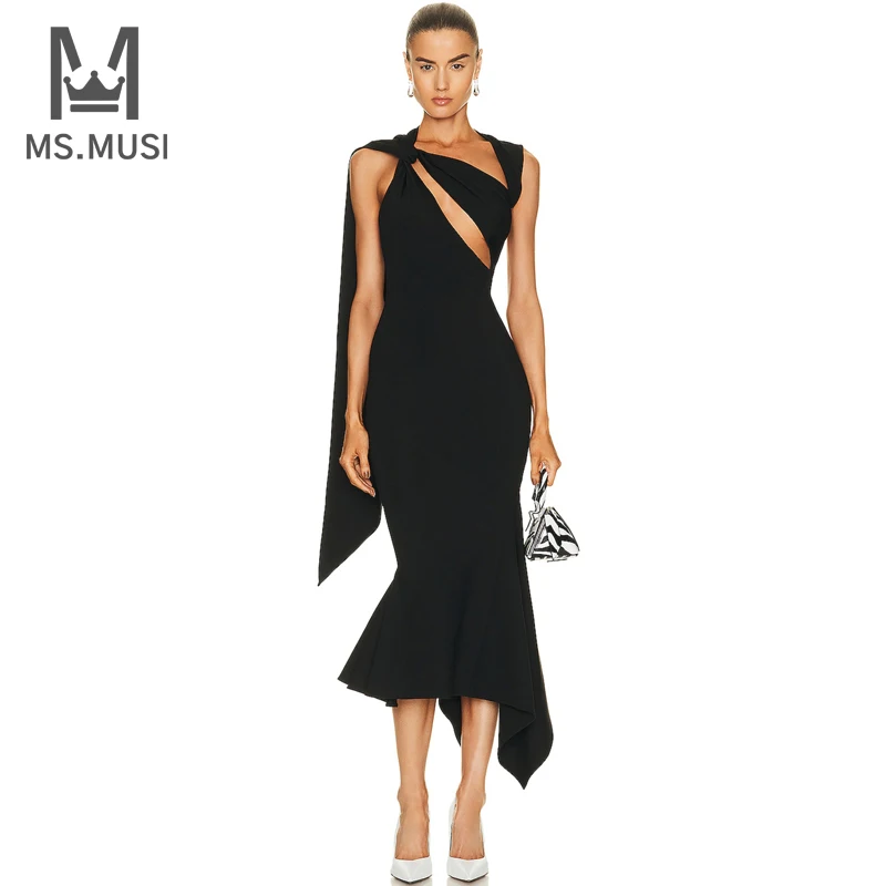 

MSMUSI 2023 New Fashion Women Sexy Slim Hollow Out Draped Fold Ruffles Sleeveless Backless Bodycon Party Club Event Midi Dress