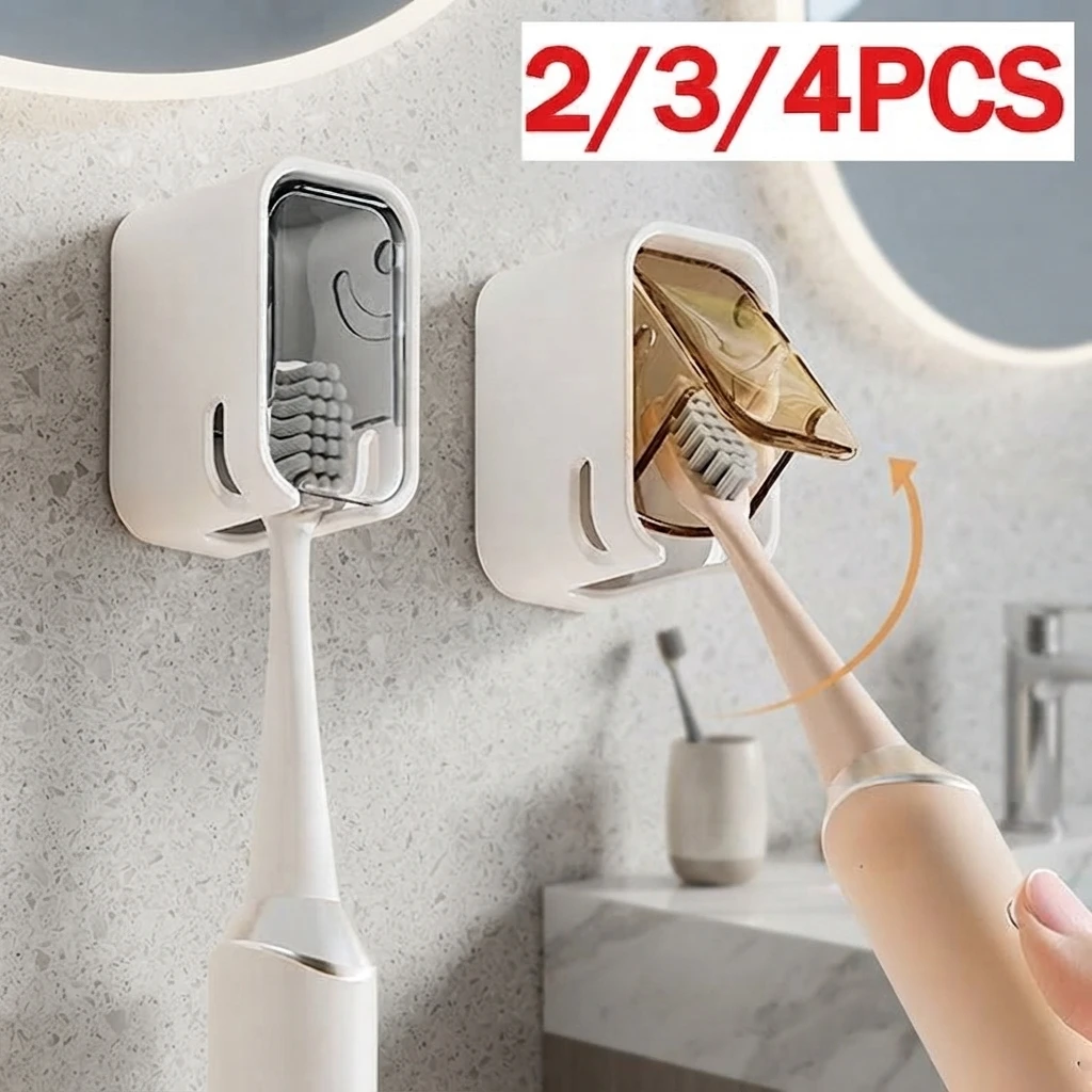 2er-Pack Wandmontierter Zahnbürstenhalter ohne Bohren, staubdichte Abdeckung für elektrische und manuelle Zahnbürsten, Badezimmer-Organizer und Aufbewahrung