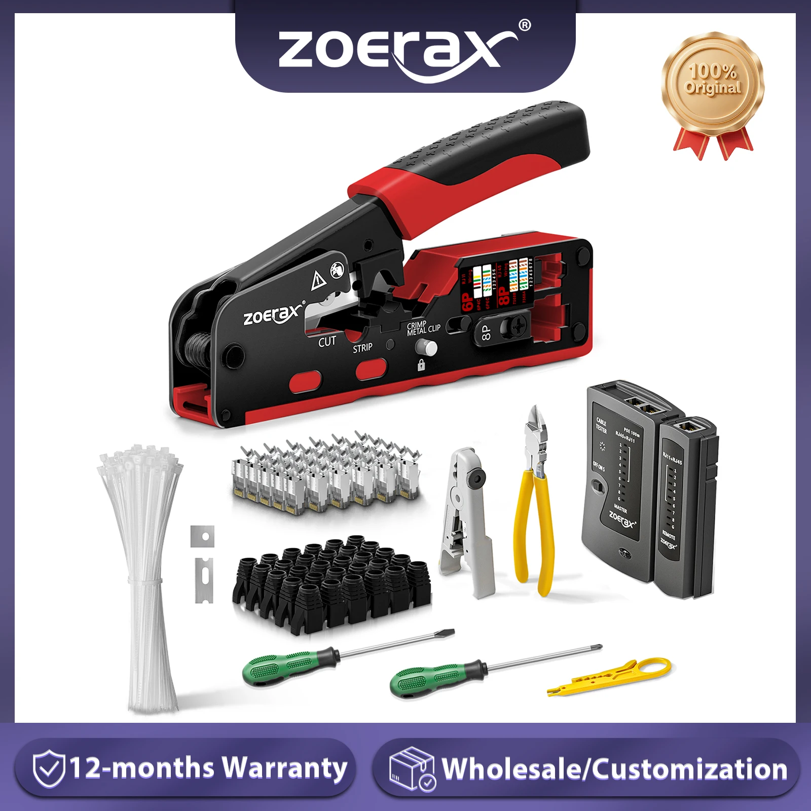 

Комплект сетевых инструментов ZoeRax RJ45 Cat7 Cat6A, кабельный тестер, кусачки, лезвия Cat7, разъемы и ботинки, отвертки для кабельных стяжек