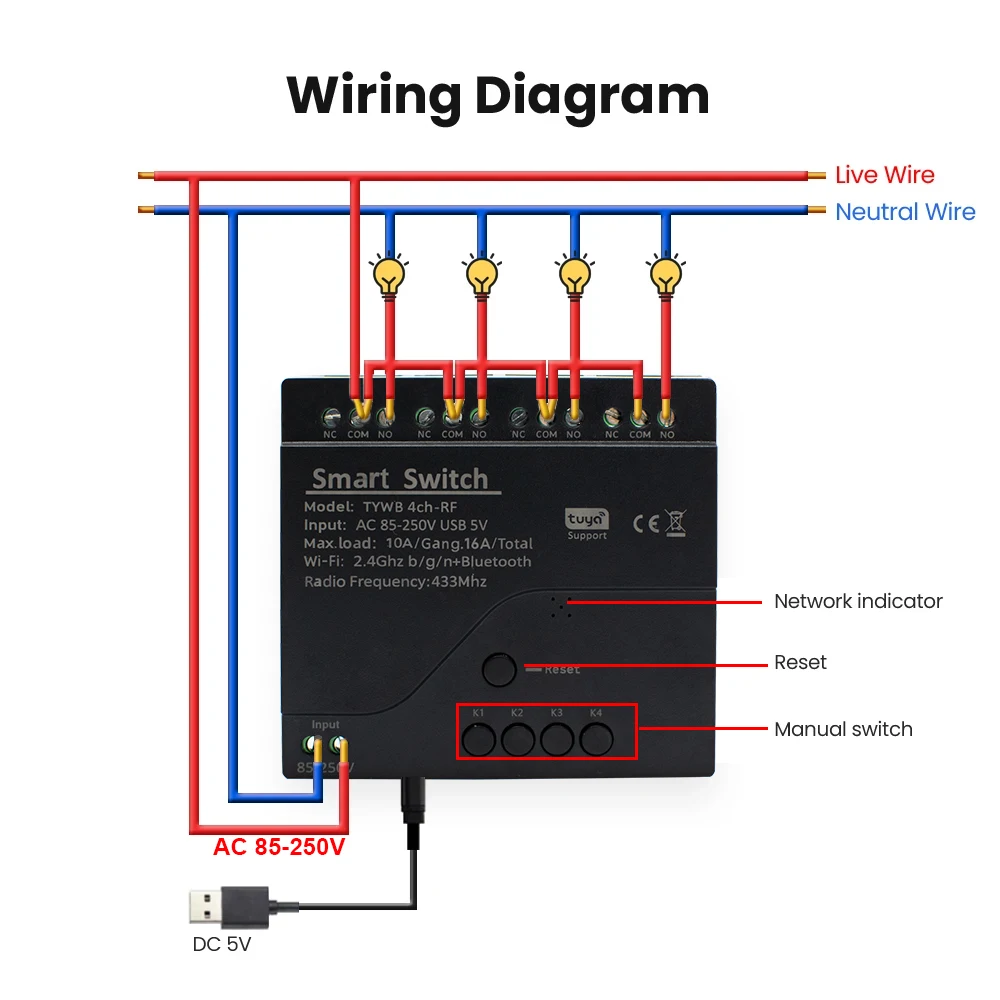 4CH Tuya Relay Wifi 85-250V 220V Smart Switch Module Motor Light RF 433 Radio Remote Control Inching for Alexa Google Home