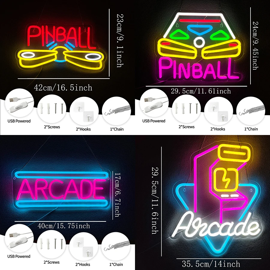 Pinball Neon Sign for Wall Decor,LED Arcade Neon Light for Business, Bedroom Decor Bar Club Game Room Game Zone,USB Powered.