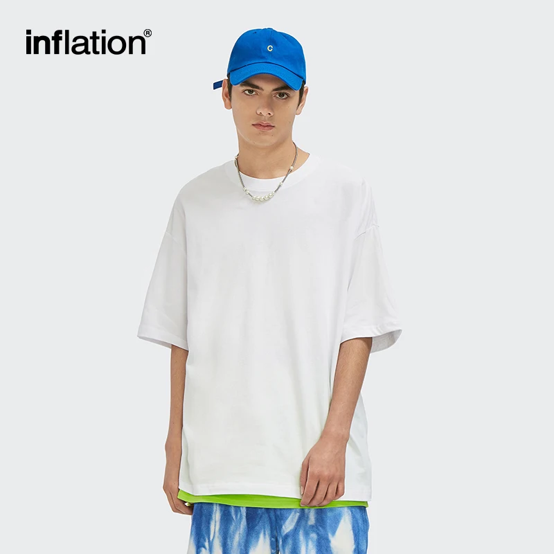 INFLATION Summer 100% Cotton Solid T Shirt Men Basic Oversized Drop Shoulder Tees