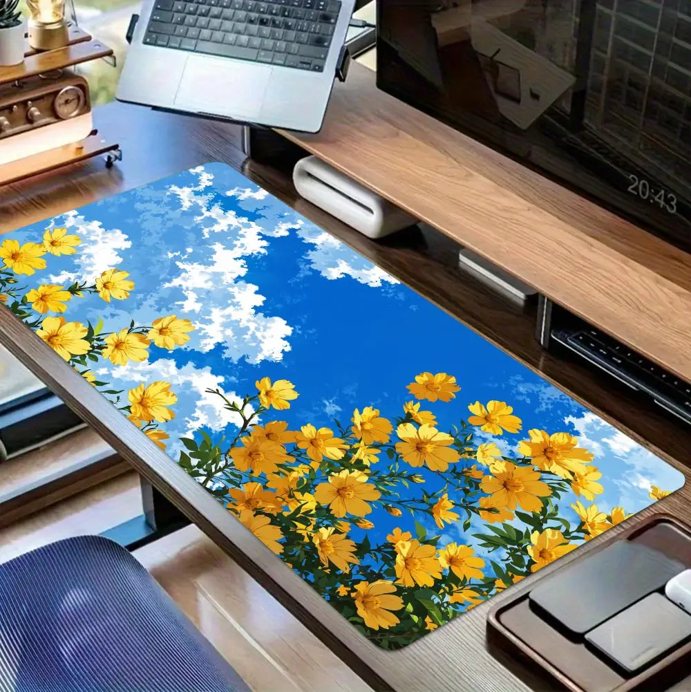 Alas Mouse Bunga Kuning Ukuran Besar untuk Komputer, Kantor, Meja Game, Alas Meja XXL Karet Anti Selip dengan Tepi Jahitan, Alas Keyboard, Alas Meja Panjang