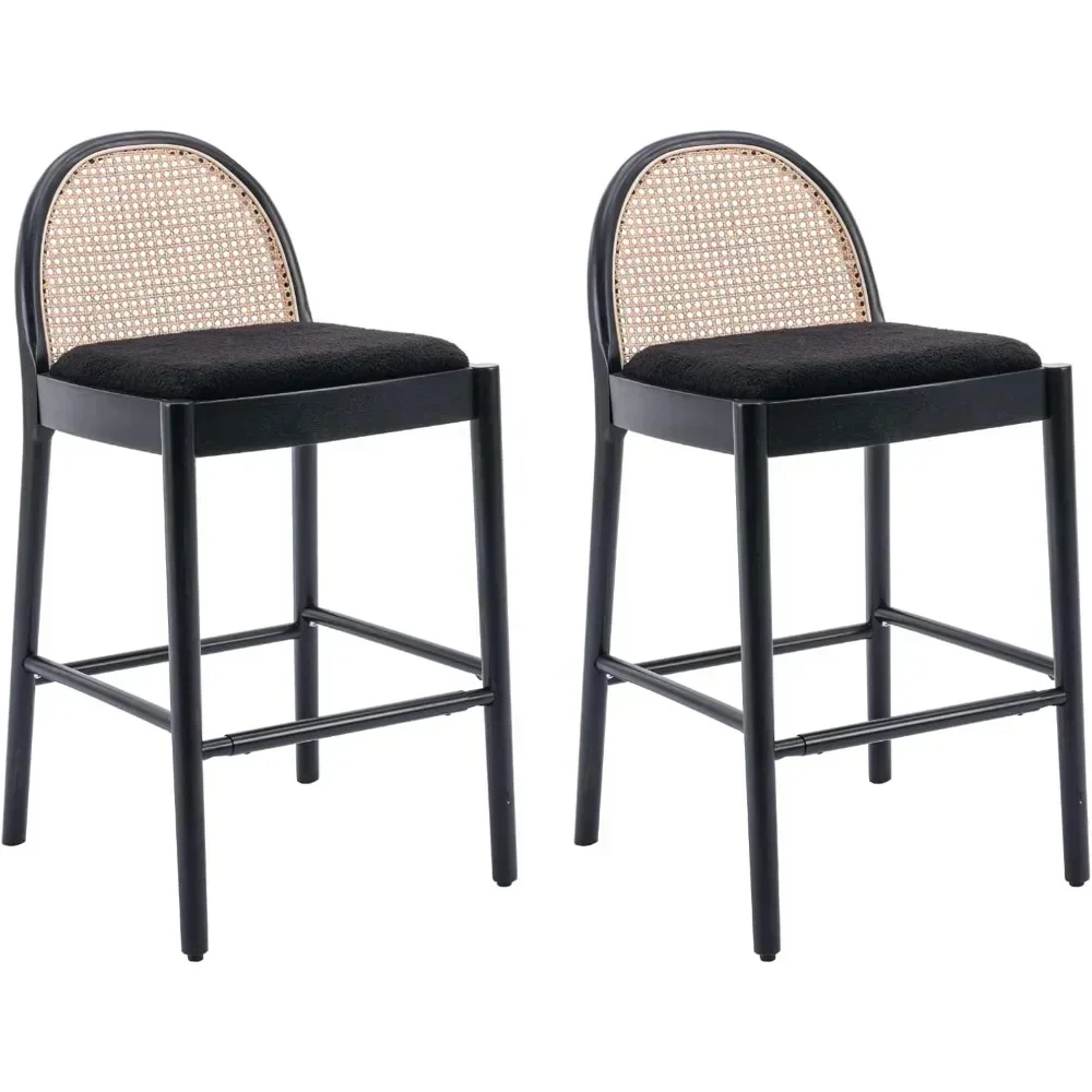 

Modern 26"Seat Height Bar Stools Set of 2 with Rattan Backrests,Upholstered Lambwool Fabric Kitchen Rattan Stools with Wood Legs