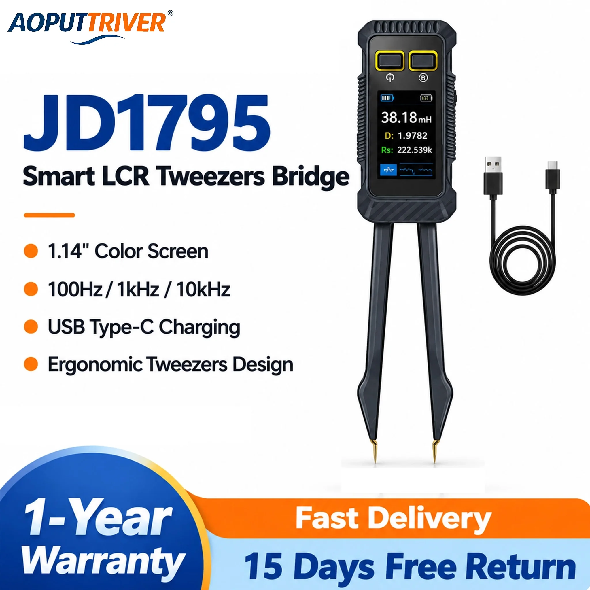 JD1795 Smart LCR Tweezer Meter, SMD Component Tester, Precision Auto Balancing Bridge, 100Hz/1kHz/10kHz, R/L/C/Diode Measurement