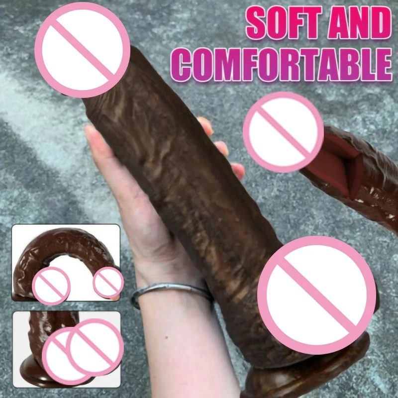 

10" Brown Huge Dildo Thick Realistic Anal Dildo Dong Cock Hands Free Suction-Cup Penis Sex Toy Flexible With Curved Shaft And B