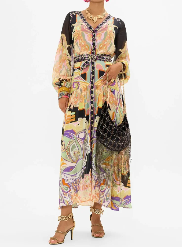 

Women Color Contrast Robe Flower Printed V-Neck Long Sleeve Lace-up Holiday 100% Silk Long Dress