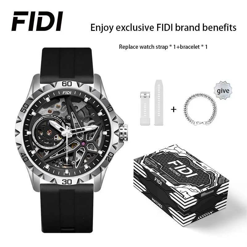 FIDI Men Luxury Automatic Mechanical Watch - FD103, Fashionable Hollow Dial, Waterproof, Luminous Silicone Strap Gifts watches