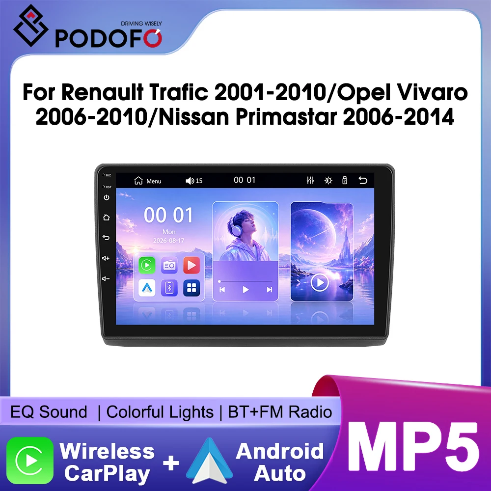 Autoradio stereo Podofo da 10,1 pollici per Renault Trafic 2001-2010/Opel Vivaro 2006-2010/Nissan Primastar 2006-2014 con CarPlay wireless, Android Auto, Bluetooth, Mirrorlink e lettore multimediale