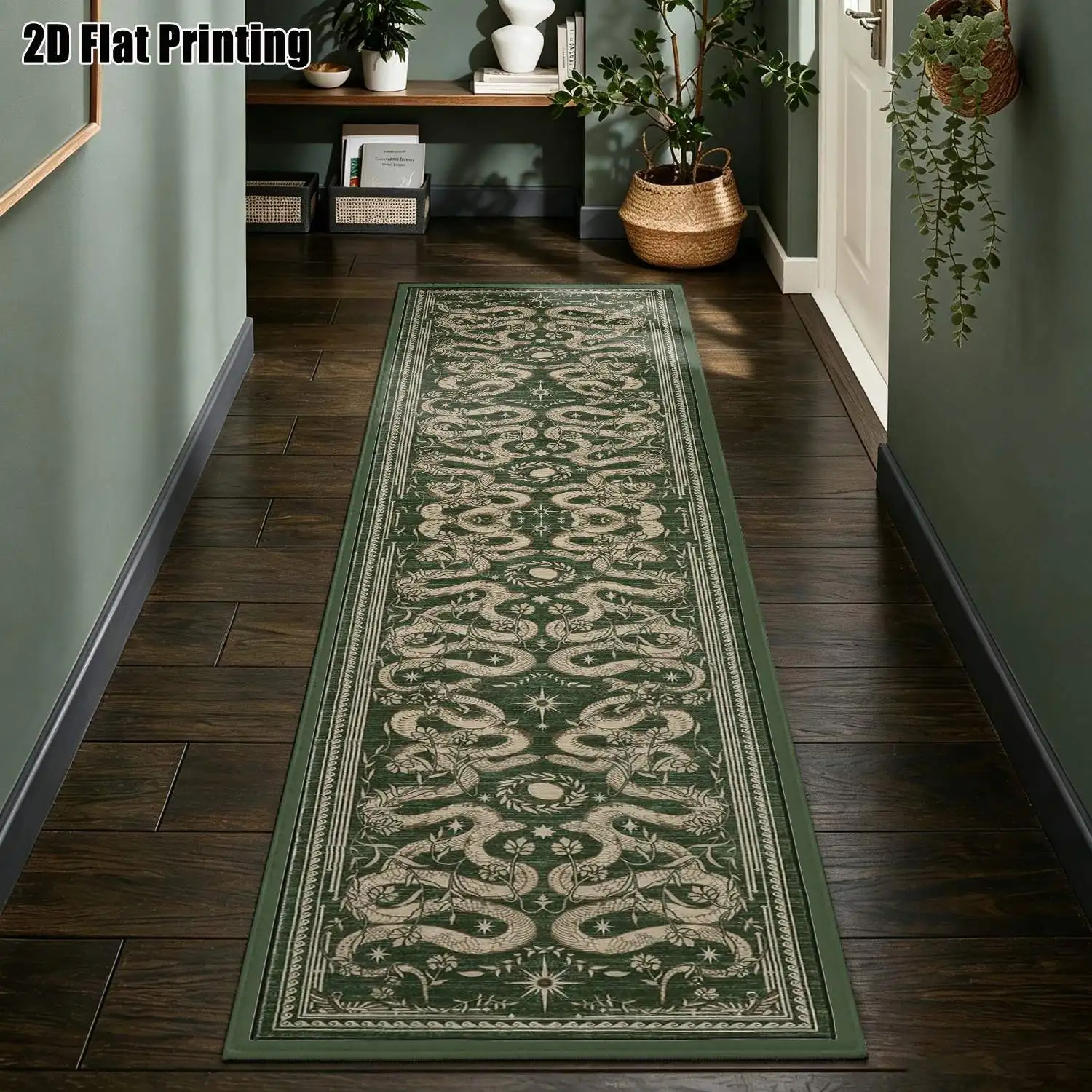 1Pc 2D Printed Long Strip Runner Carpet: Deep Green & White Dragon Pattern, European Retro Geometric Bohemian Style, Home Decor, Multiple Sizes, Machine Washable, for Entrance, Hallway, Living Room, Bedroom