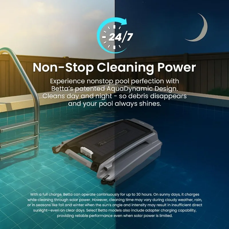 Betta SE Plus - Solar-Powered Robotic Pool Skimmer with 24/7 Continuous Cleaning Power, Dual Charging Options