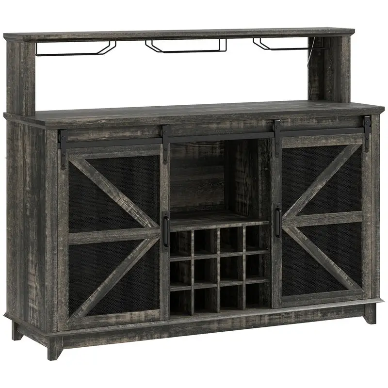 

HOMCOM 55" Coffee Bar Cabinet with Lights, Farmhouse Wine Cabinet with Wine and Glass Racks for Kitchen, Dining Room, Brown